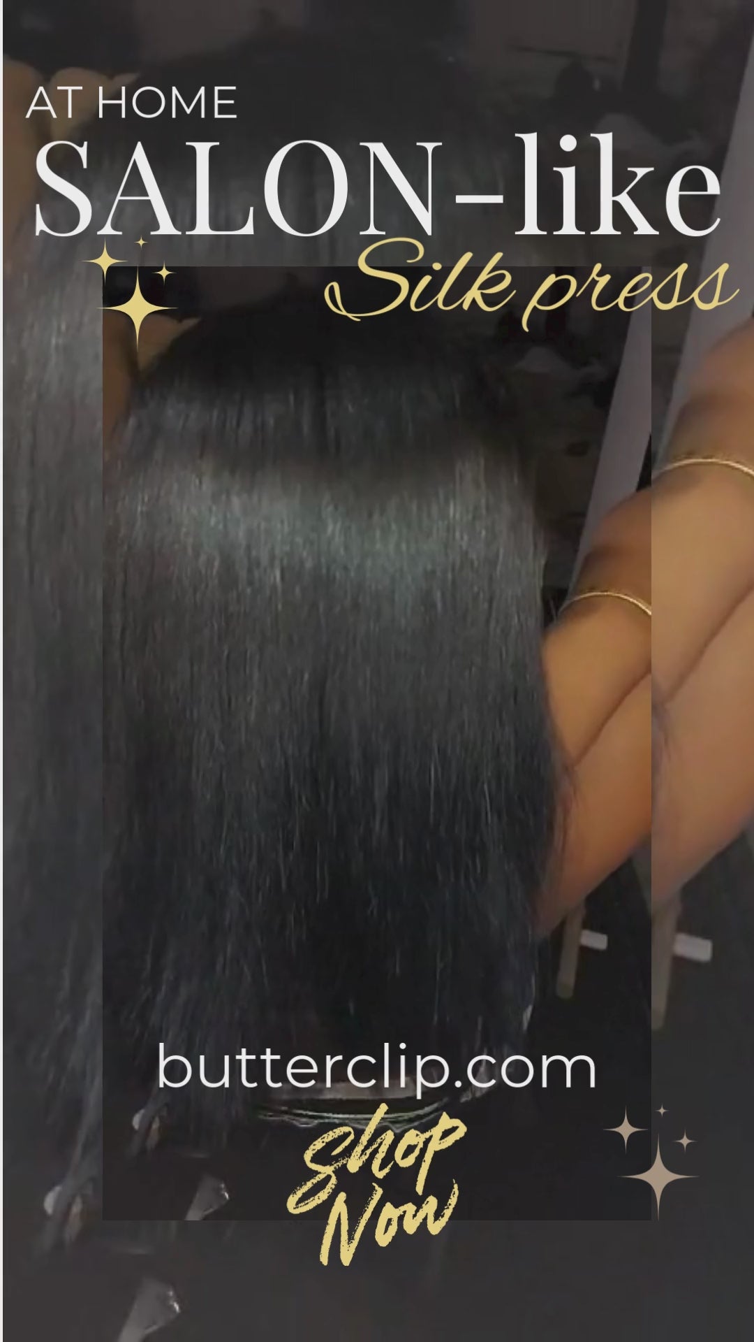 Load video: The video contains and african american girl with freshly straighten hair swings back and forth in slow motion. the video contains silk press hair tool attachent shown at the end of video. SHOP NOW BUTTERCLIP